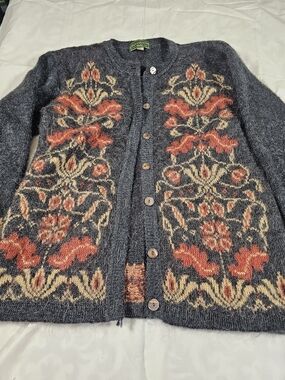 Vintage Button-Front Cardigan Sweater Gray with Rust and Cream Floral Med 14/16